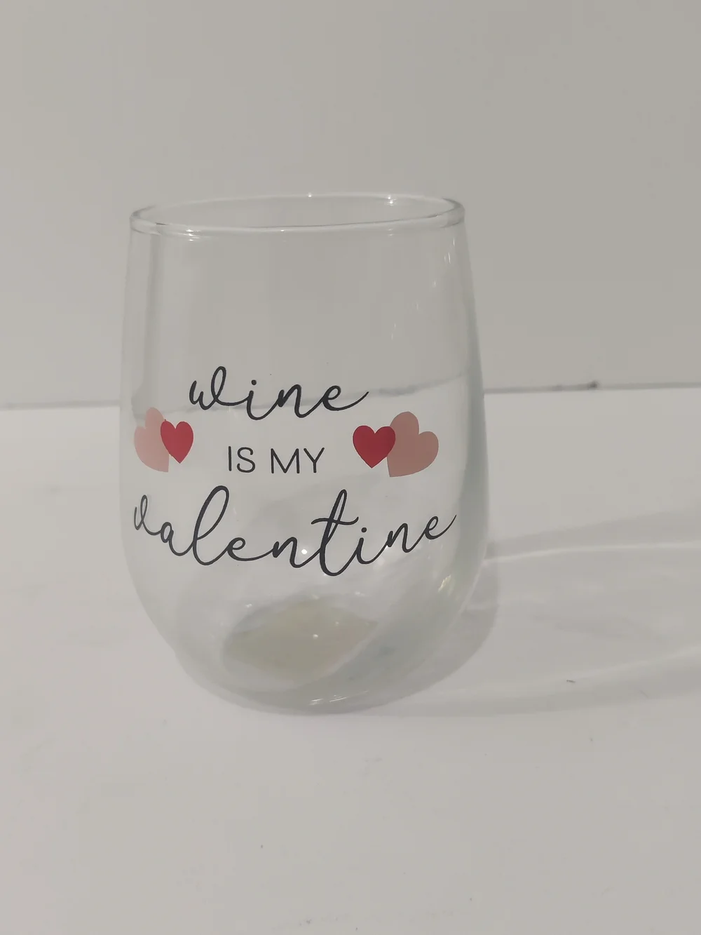 Wine Is My Valentine Stemless Wine Glass - Clear with Red and Pink Hearts
